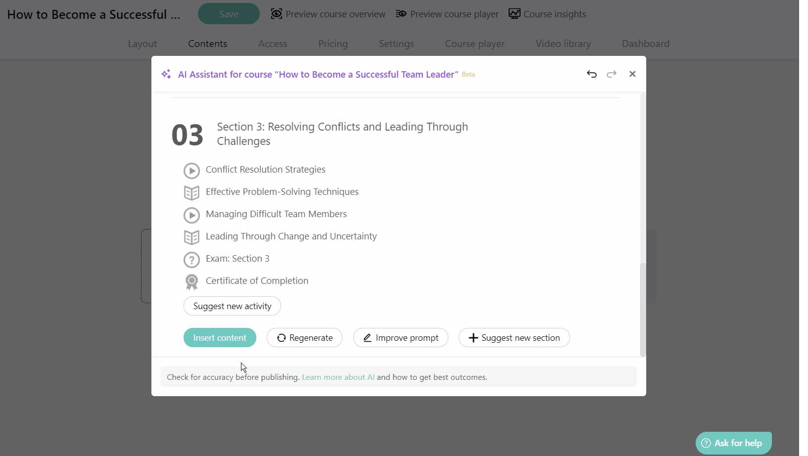 An example of a course outline generated with AI with the AI Course Creator.