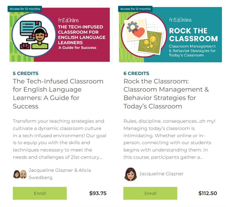 A screenshot of FriEdOnline's course catalog page showing two course description snippets.