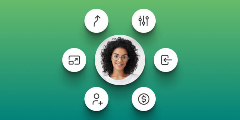 An image showing the face of a woman in the center and other six circles that represent the elements of self-paced learning.