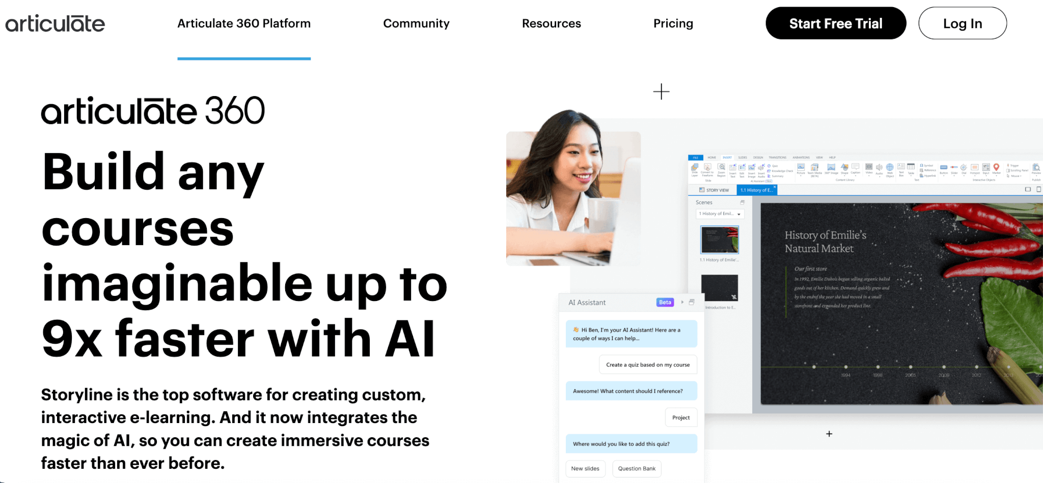 Articulate 360 landing page showing an image of a woman typing on laptop and a course preview