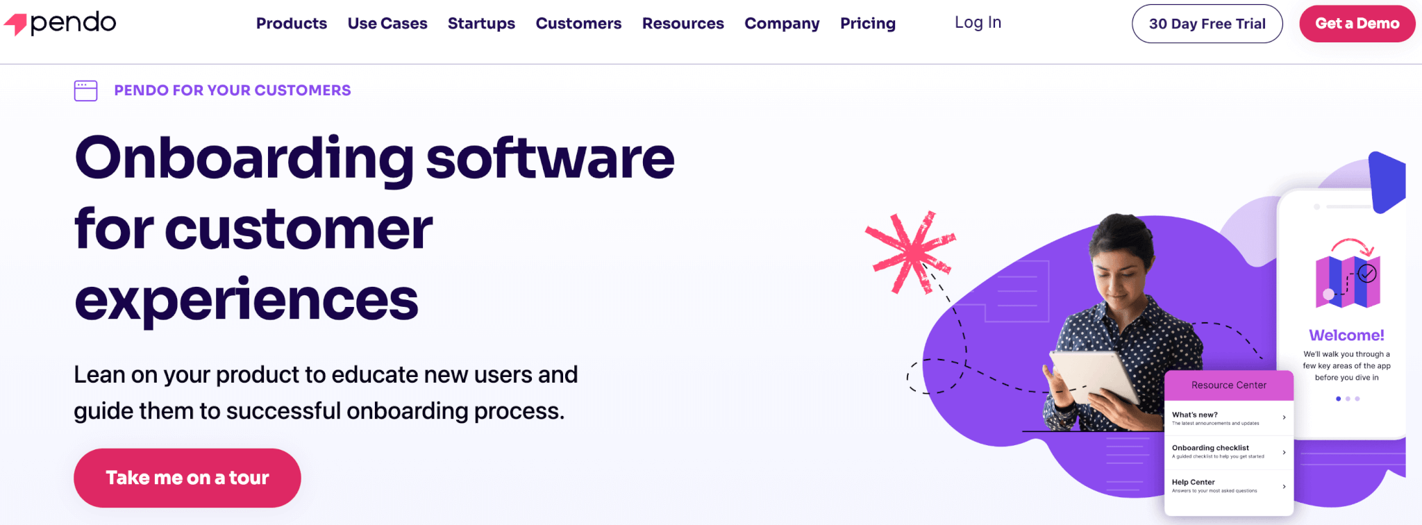 Pendo landing page showing a woman with laptop and white and purple background