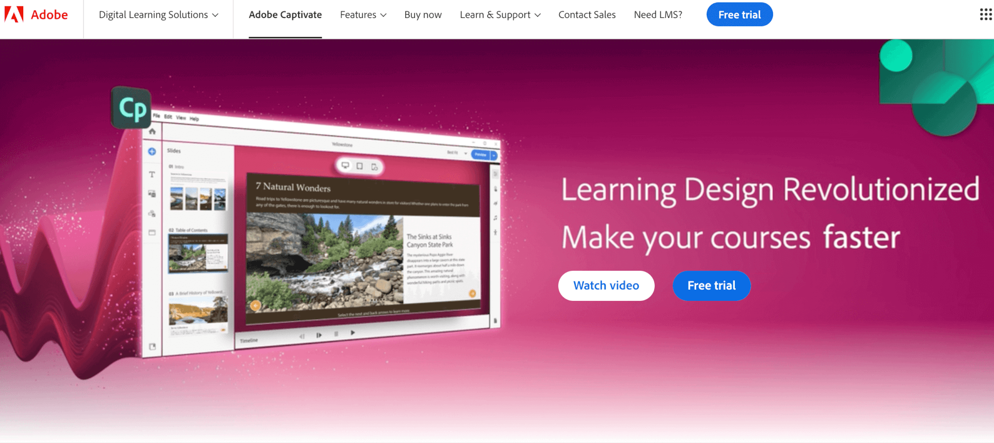 Adobe Captivate's landing page in dark red background showing a course preview