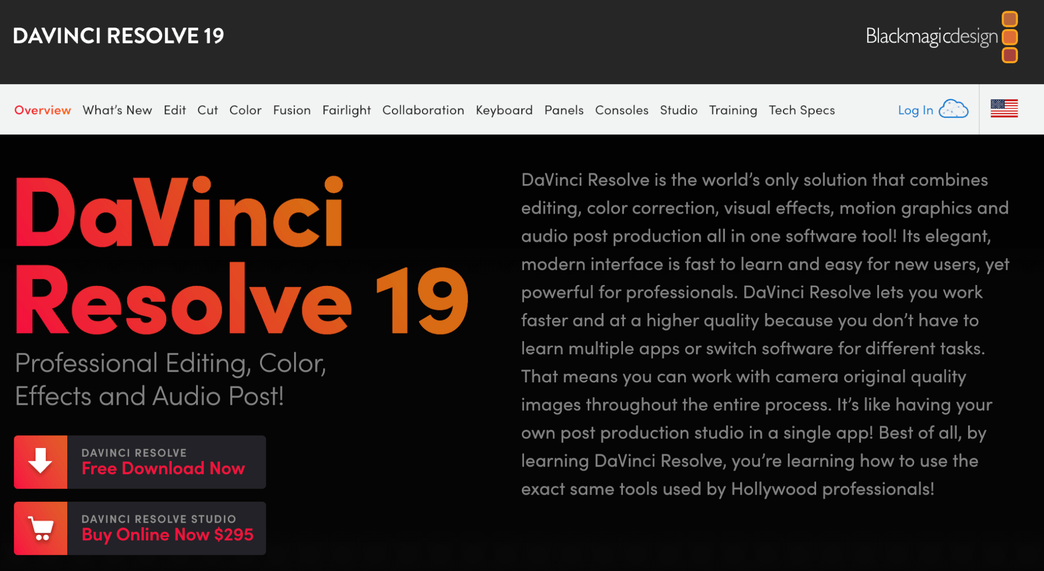 DaVinci resolve 19 landing page in black background featuring a brief product description