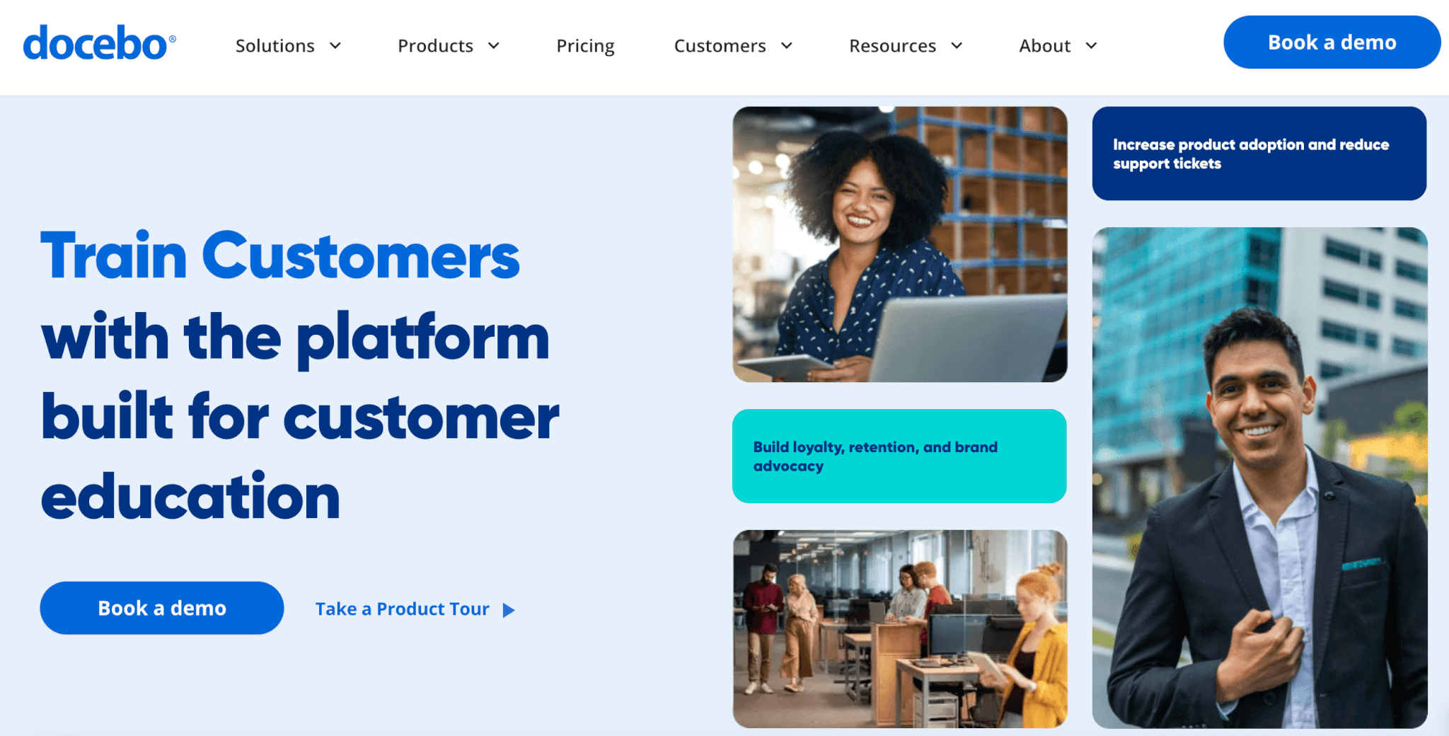 Docebo webpage promoting its customer education platform, featuring a headline on training customers, with images of smiling professionals and collaborative workspaces