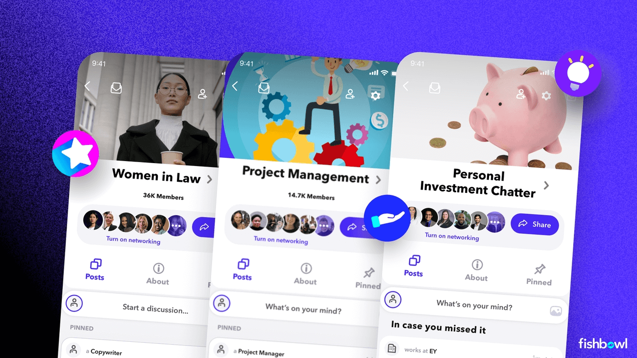 A screenshot showing three mobile screens that feature community examples from Fishbowl.
