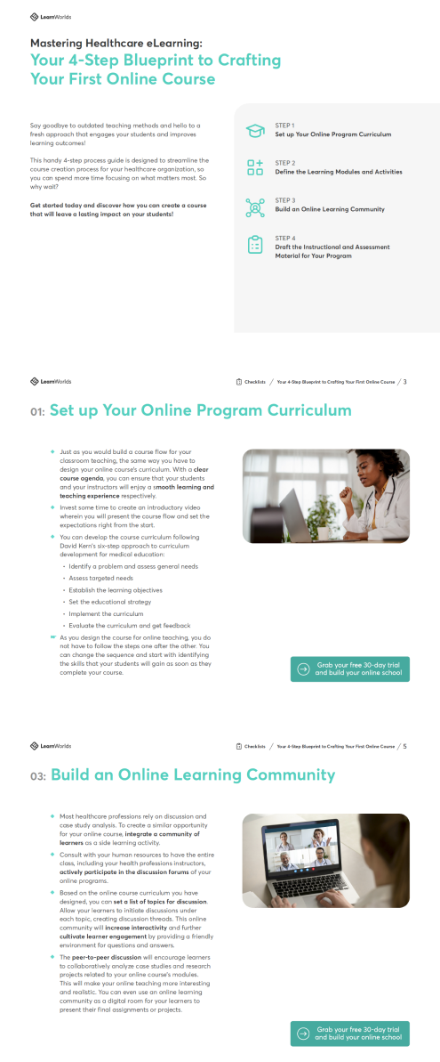 Healthcare courses creation blueprint checklist. Sample pages.