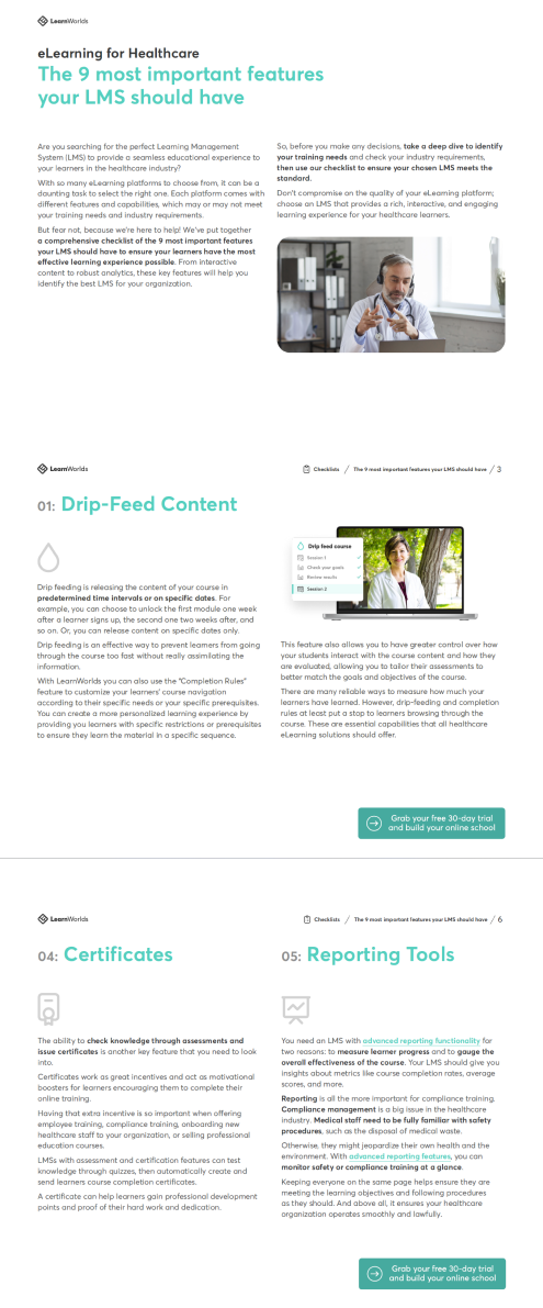 Healthcare eLearning for LMS checklist. Sample pages.