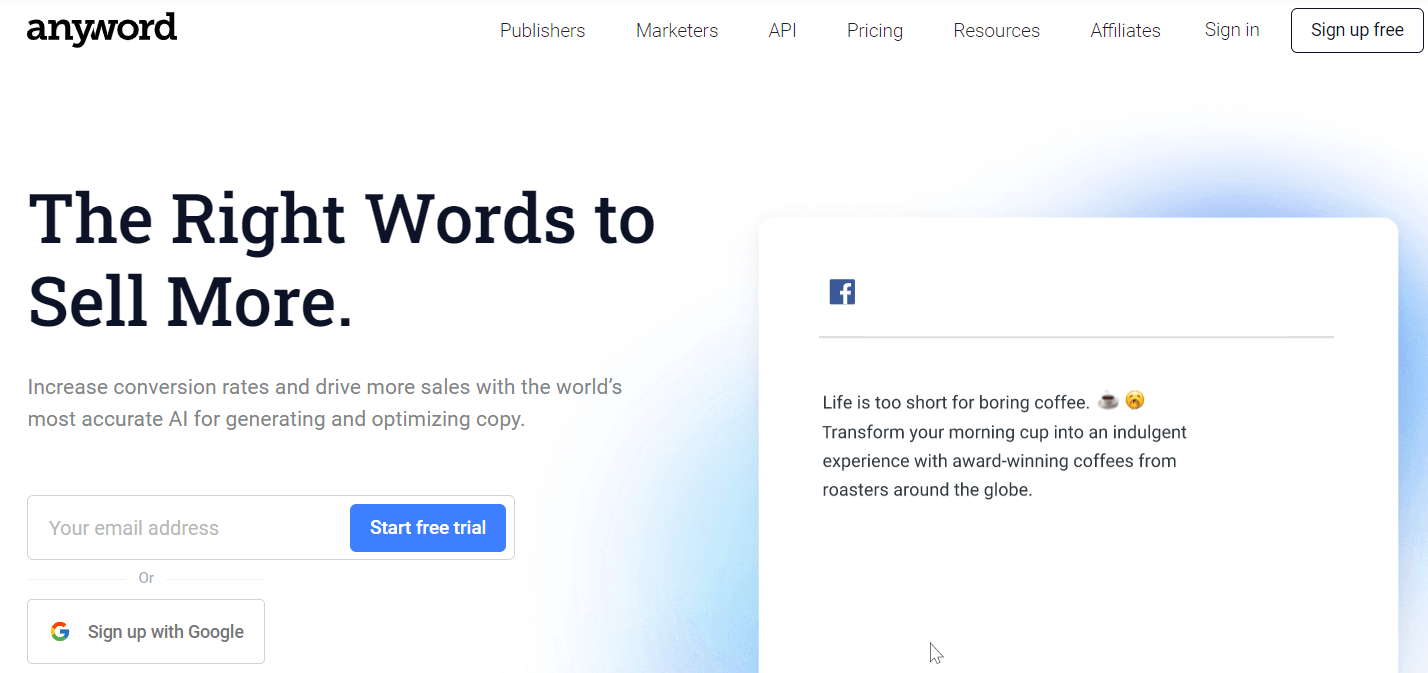 screenshot from anyword AI writing tool