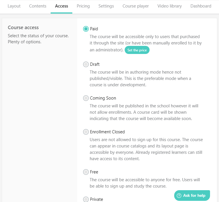 The different levels of access on LearnWorlds, showing different options on the course settings section.