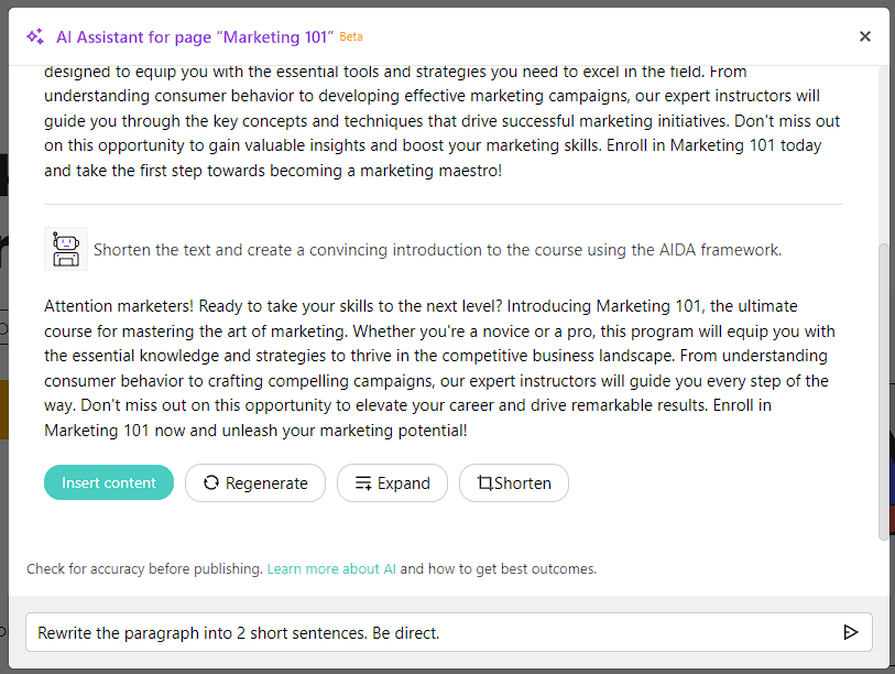 Writing landing page copy with AI for a course landing page.