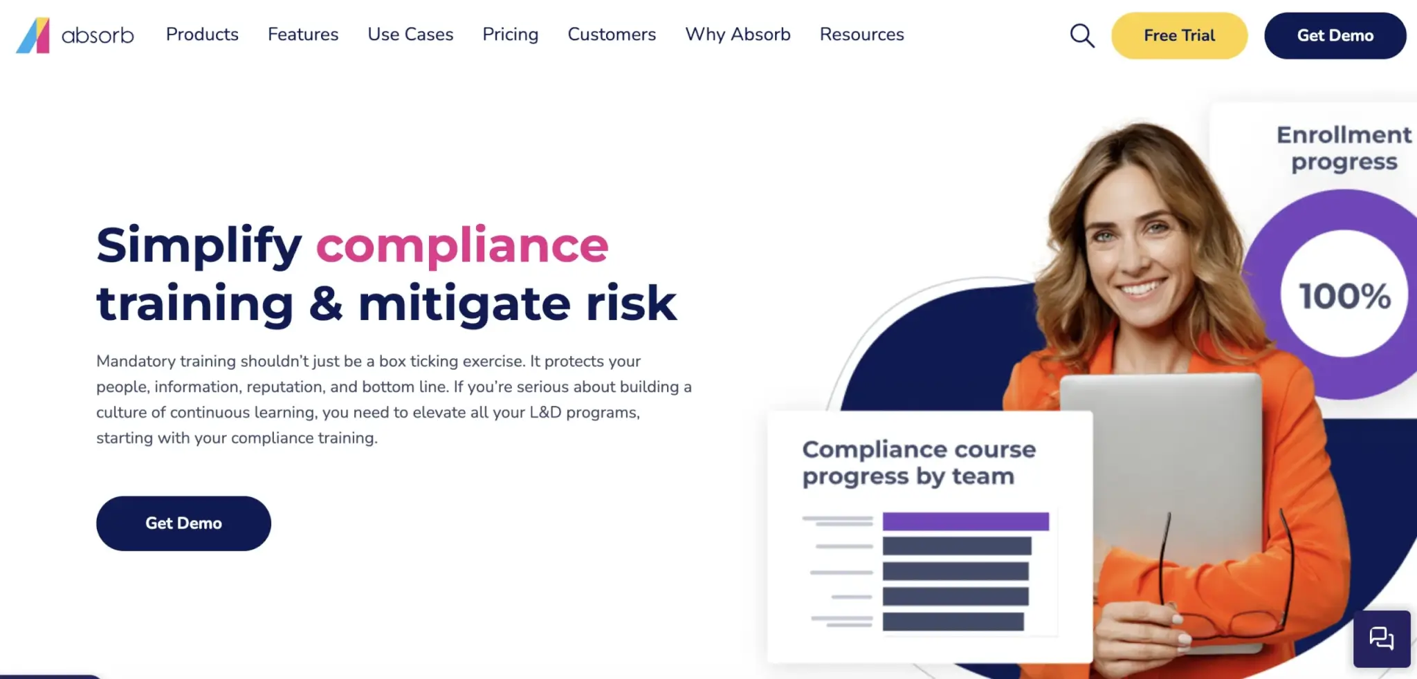 Absorb LMS landing page promoting compliance training, featuring a smiling woman holding a laptop and visuals of course progress tracking and enrollment statistics.