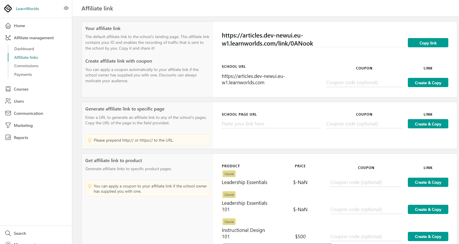 A screenshot of the affiliate dashboard showing the affiliate links options inside the LearnWorlds platform.