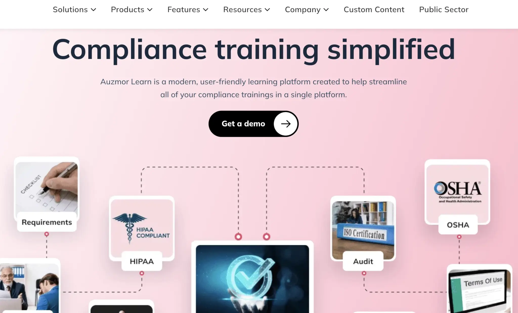 Auzmor Learn landing page promoting compliance training platform, featuring icons for requirements, HIPAA, audits, and OSHA, with a 'Get a demo' button.