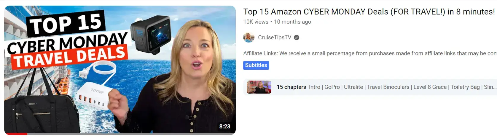 Travel YouTuber affiliate marketing example for Amazon during Cyber Monday