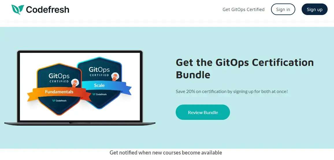 A screenshot of Codefresh Academy featuring their GitOps certification course bundle.