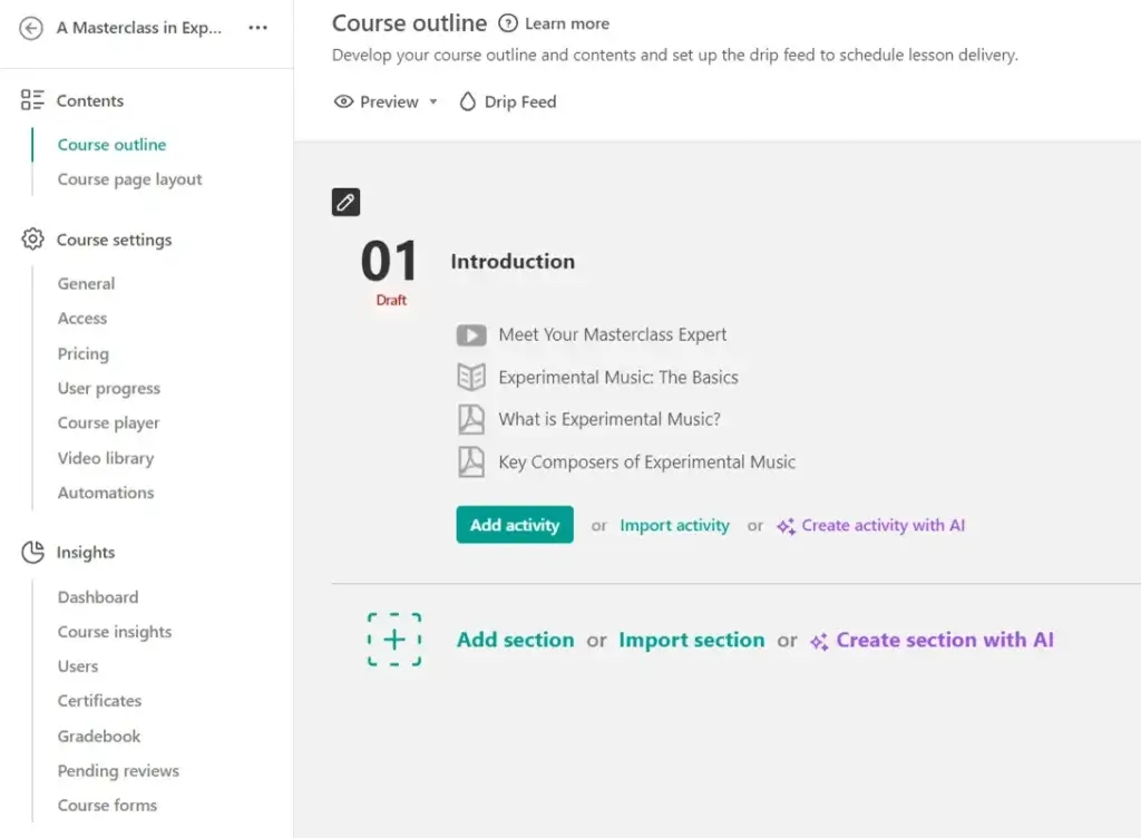 A screenshot of a course outline example created on the LearnWorlds platform