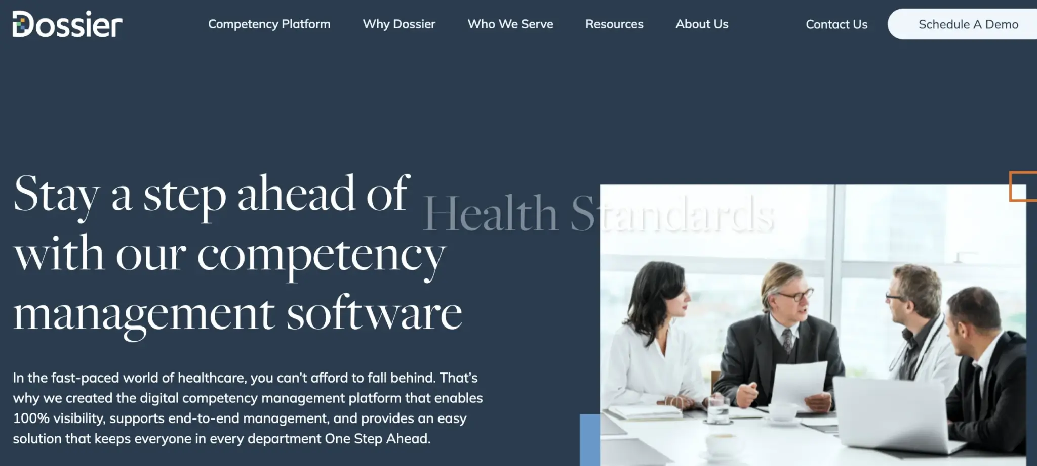 Dossier landing page showcasing a competency management software for healthcare, featuring a group of professionals in a meeting discussing documents.