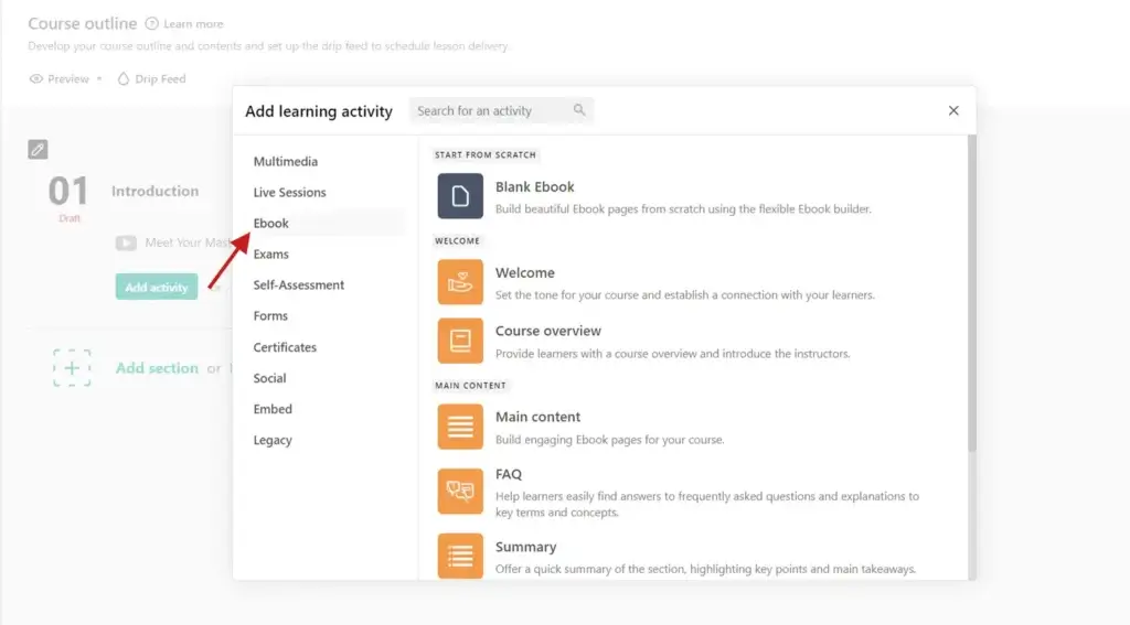 A screenshot of the LearnWorlds dashboard showing how to create an ebook learning activity.