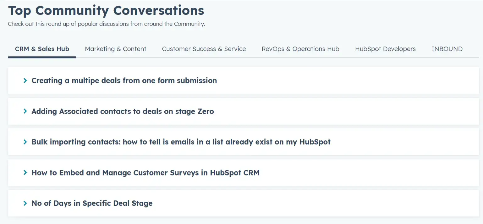 HubSpot community conversation lists for CRM and Sales Hub topics