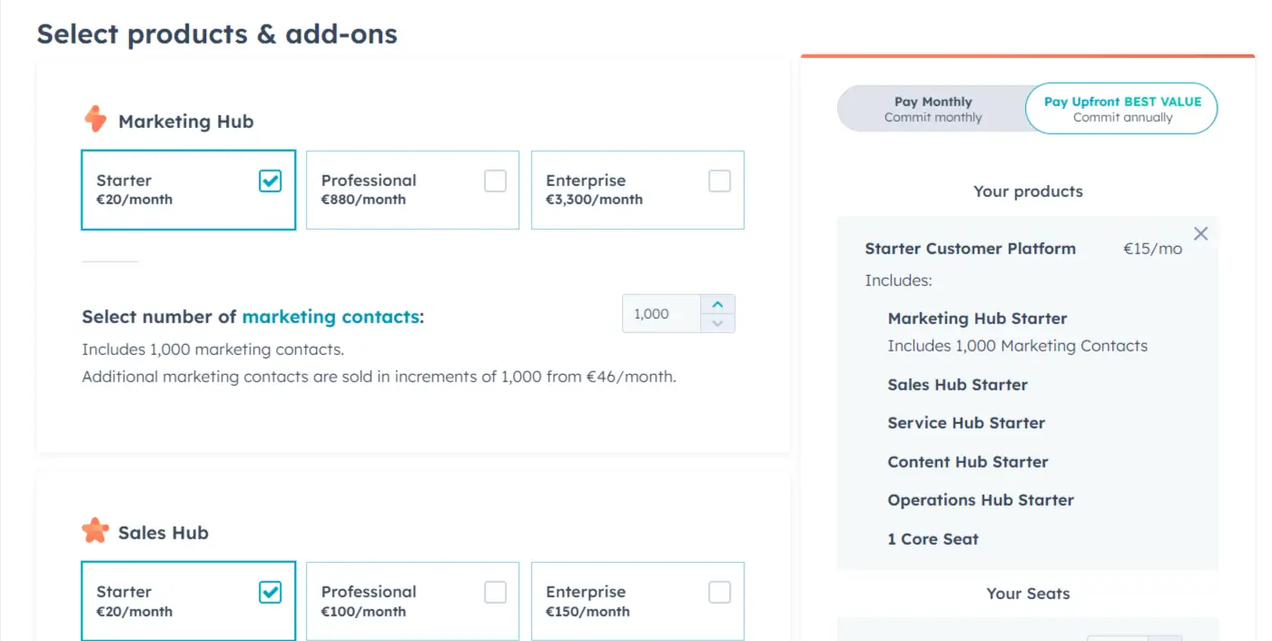 HubSpot product and add-on bundle calculator