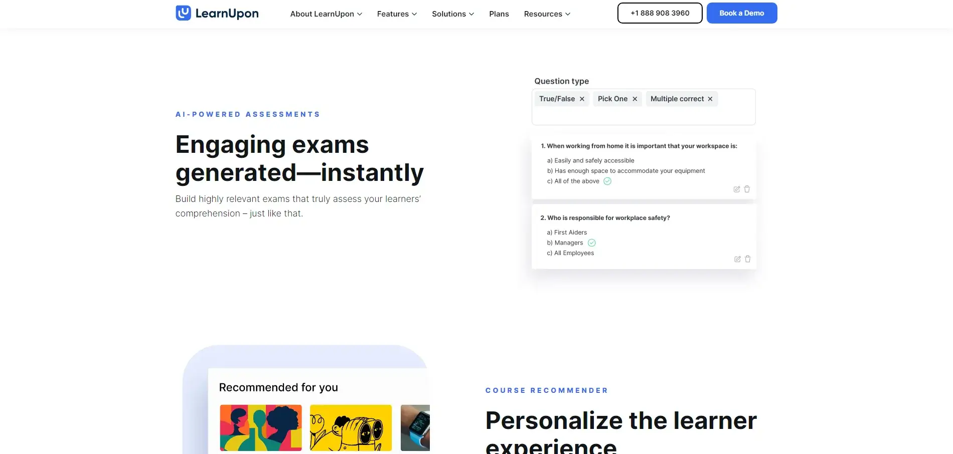 A screenshot of the LearnUpon website showing its AI-powered assessments.