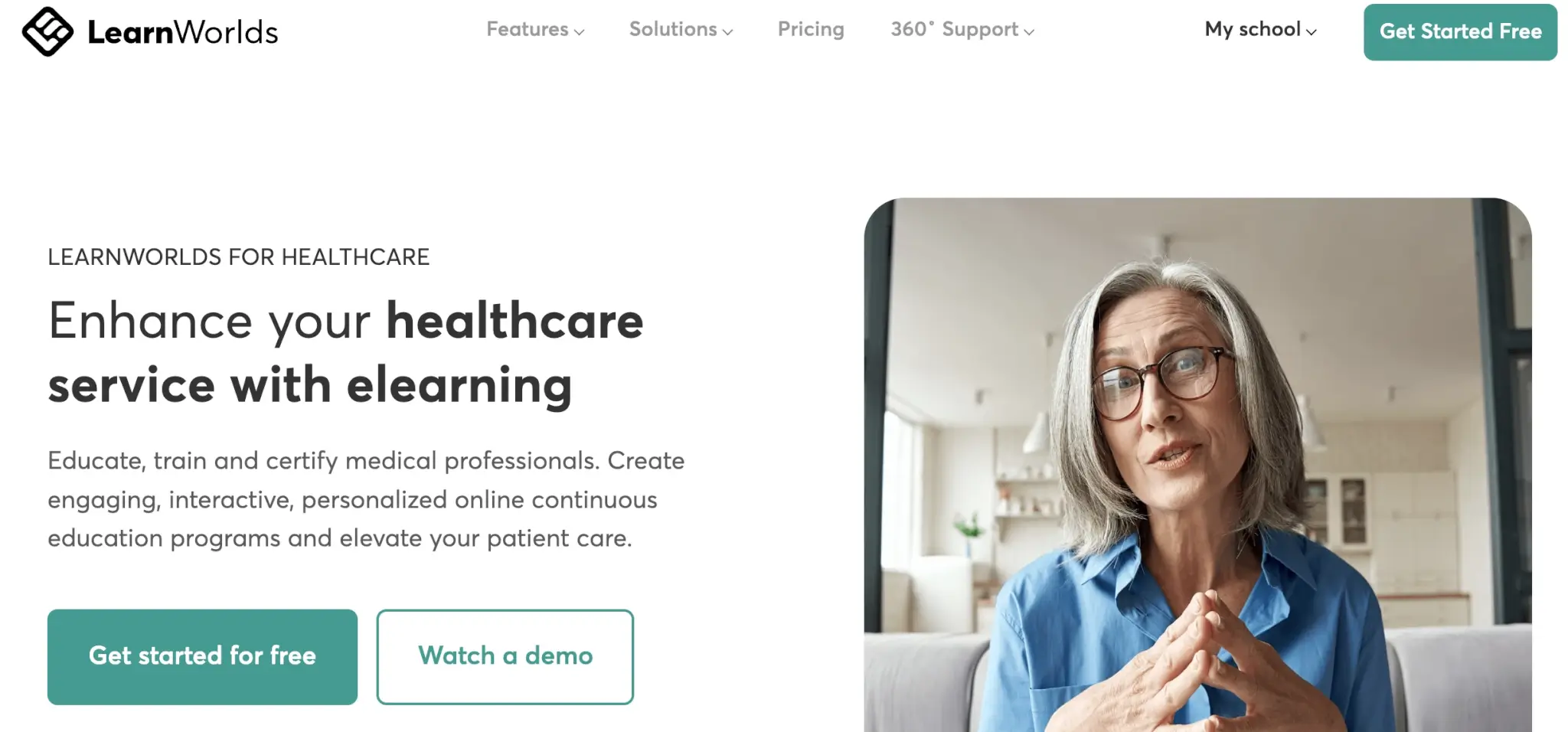 LearnWorlds landing page promoting eLearning for healthcare professionals, featuring a woman in glasses speaking during a virtual session and offering options to get started for free or watch a demo.