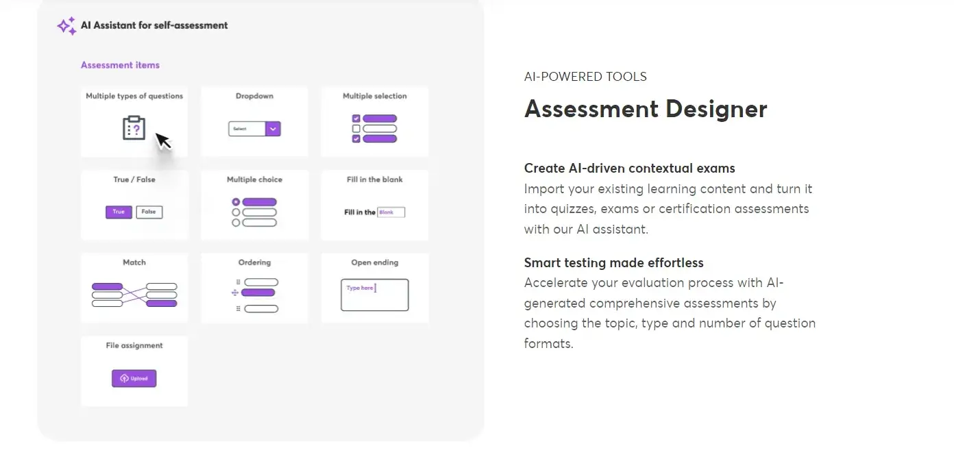 A screenshot of LearnWorlds' AI-Powered Tools web page that features its powerful Assessment Designer.