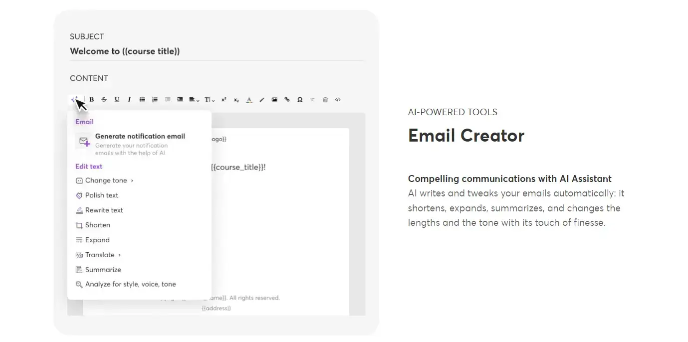 A screenshot of LearnWorlds's website showing its dashboard and AI-powered technology features.