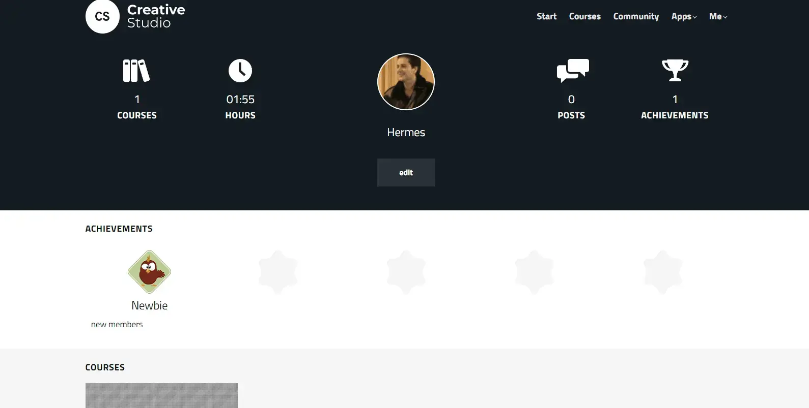 A screenshot of a user profile example created on the LearnWorlds platform.