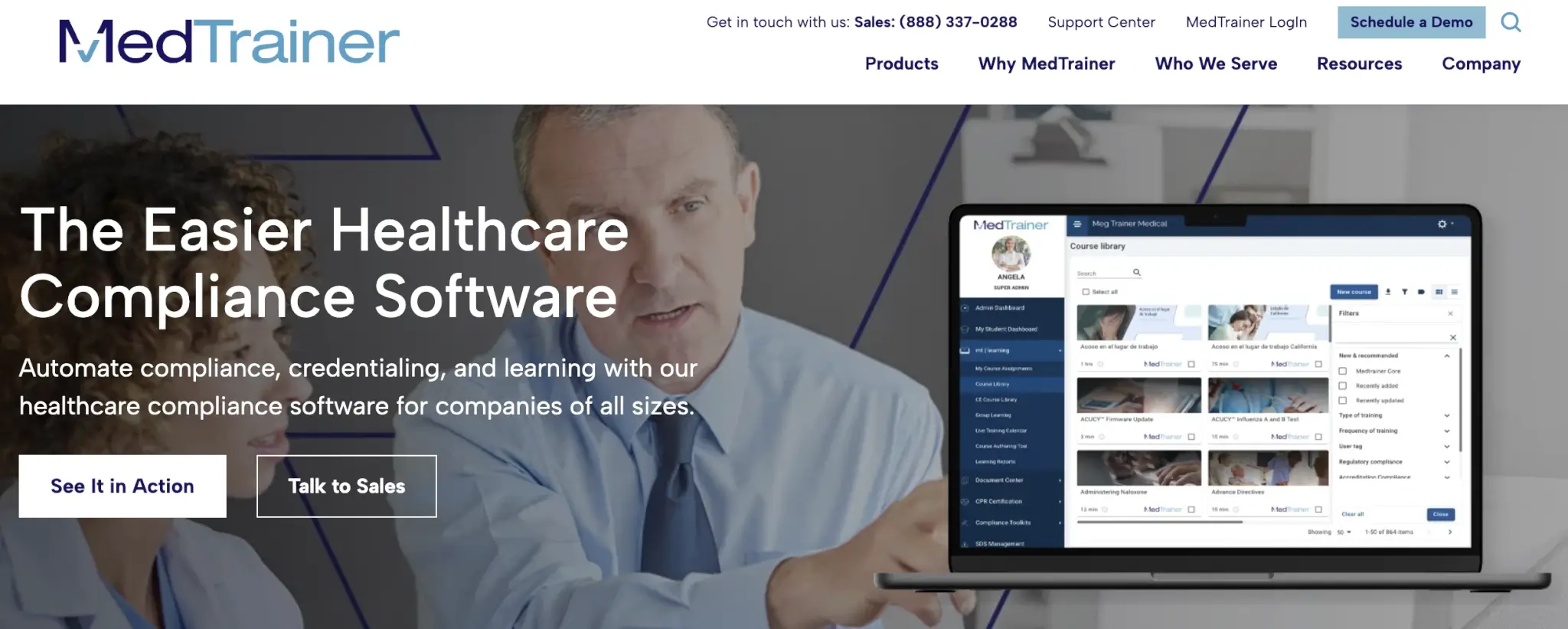 MedTrainer landing page showcasing healthcare compliance software with a man explaining the platform's features displayed on a laptop screen, including course management and credentialing tools