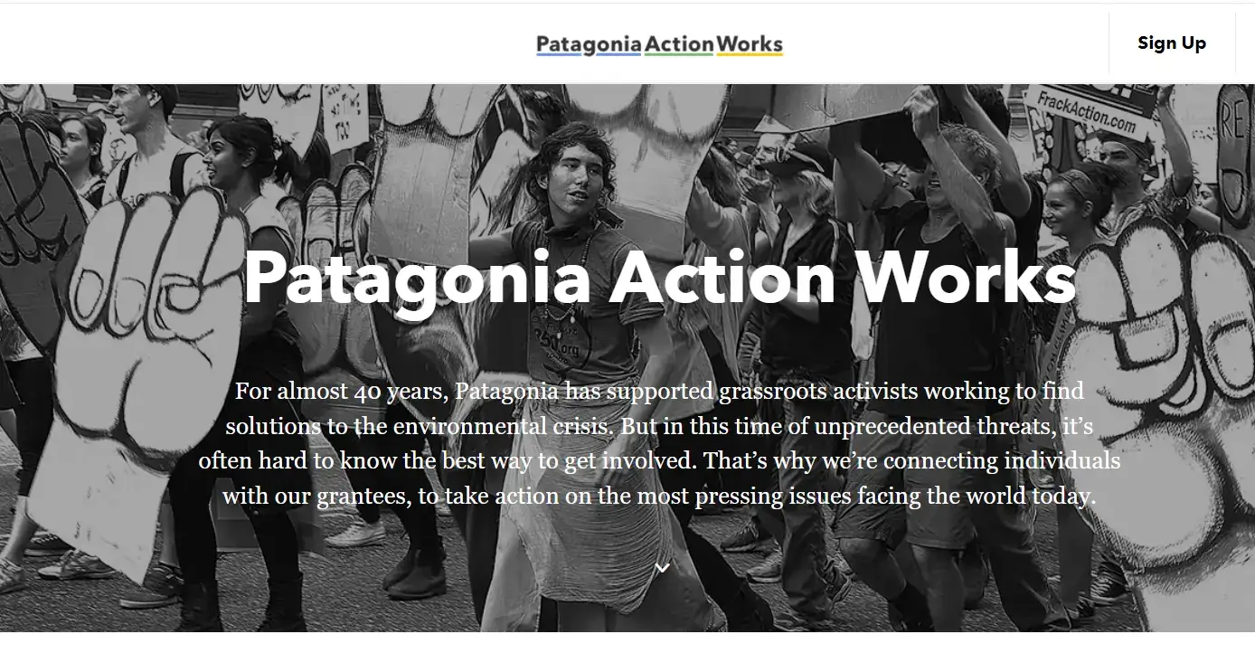 A screenshot of the Patagonia Action Works community showing the above-the-fold page section.