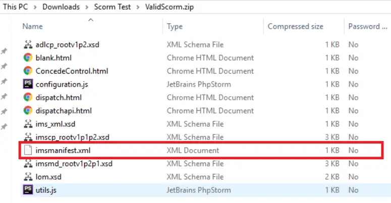 How a SCORM package looks like when its is openned, highlighting the imsmanifest.xml file.