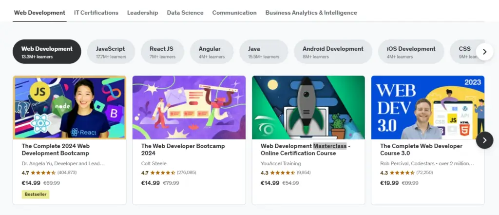 A screenshot of Udemy's course collections.