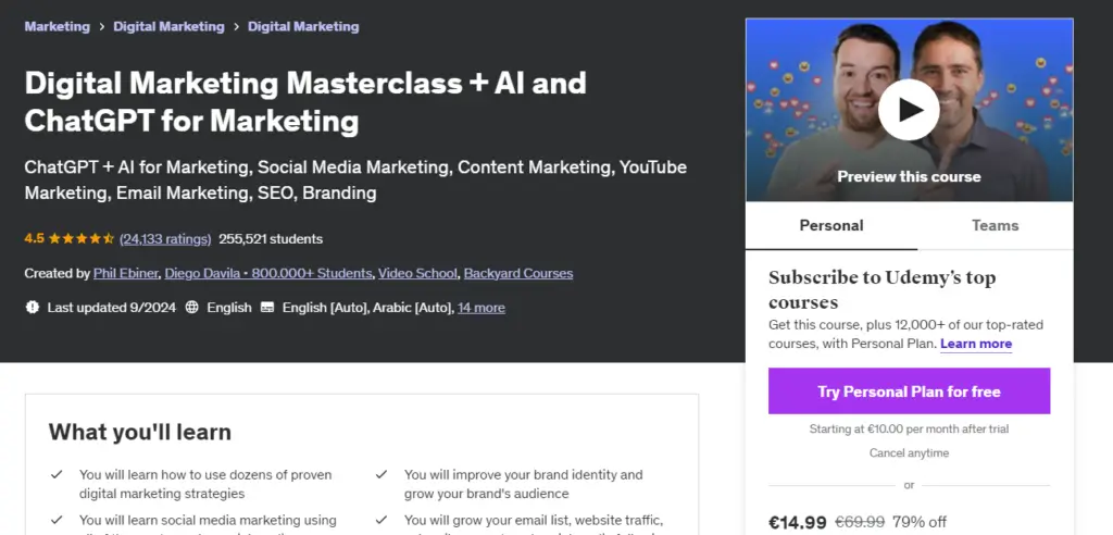 A screenshot showing a masterclass course example offered on Udemy.