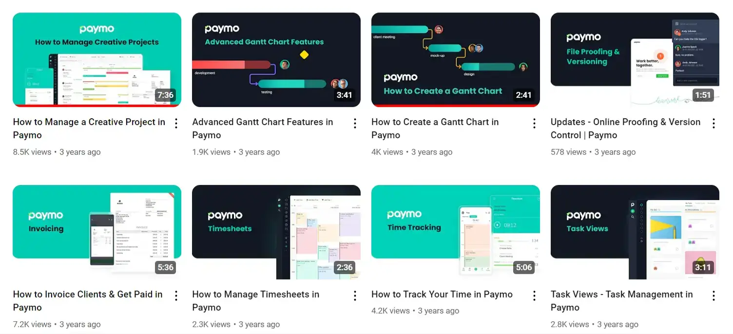 Support video examples tackling diverse product use cases on the Paymo YouTube channel